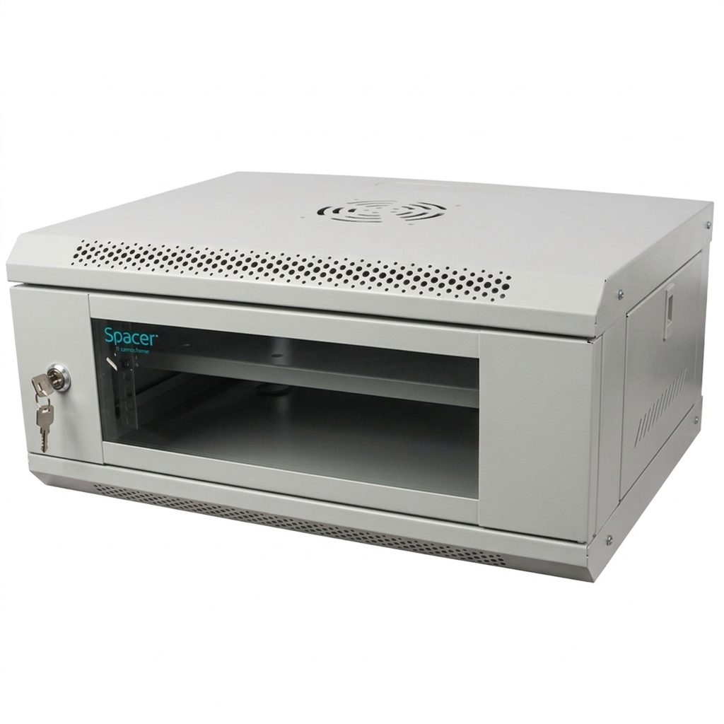 CABINET 19" SPACER 4U 500x450mm, fixare pe perete, Flatpack (dezasamblat), Grey, usa sticla cu blocare, panouri detasabile, otel 1mm, sarcina maxima 25Kg, contine un raft, "SPCW-4U-450-GR-02"