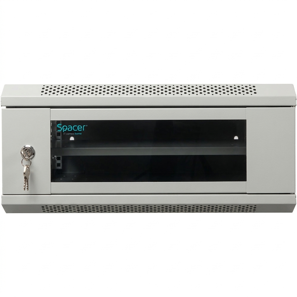 CABINET 19" SPACER 4U 500x450mm, fixare pe perete, Flatpack (dezasamblat), Grey, usa sticla cu blocare, panouri detasabile, otel 1mm, sarcina maxima 25Kg, contine un raft, "SPCW-4U-450-GR-02"