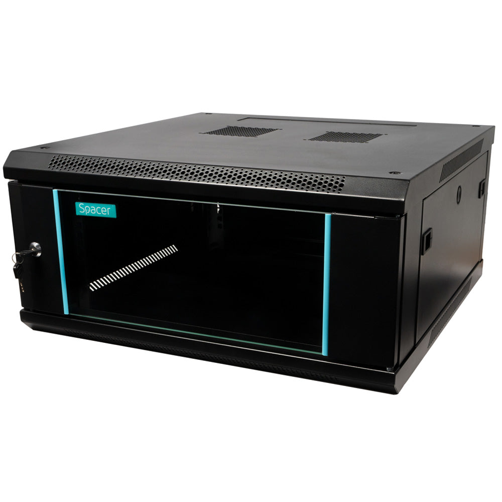 CABINET 19" SPACER 4U 600x600mm, fixare pe perete, Flatpack (dezasamblat), Black, usa sticla cu blocare, panouri detasabile, otel 1.5mm, sarcina maxima 60Kg, "SPCW-4U-600-BK-03"