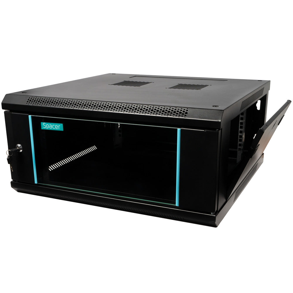 CABINET 19" SPACER 4U 600x600mm, fixare pe perete, Flatpack (dezasamblat), Black, usa sticla cu blocare, panouri detasabile, otel 1.5mm, sarcina maxima 60Kg, "SPCW-4U-600-BK-03"
