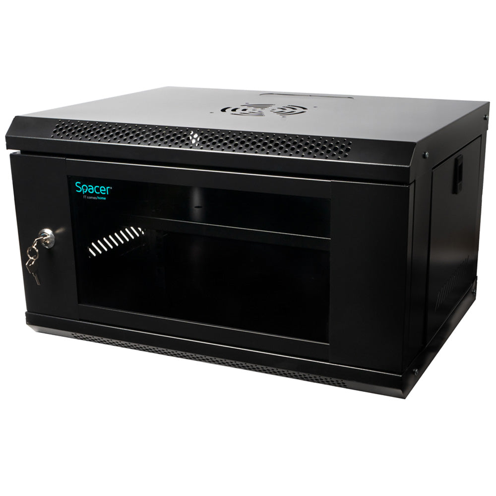 CABINET 19" SPACER 6U 500x400mm, fixare pe perete, Flatpack (dezasamblat), Black, usa sticla cu blocare, panouri detasabile, otel 1mm, sarcina maxima 25Kg, contine un raft, "SPCW-6U-400-BK-02"