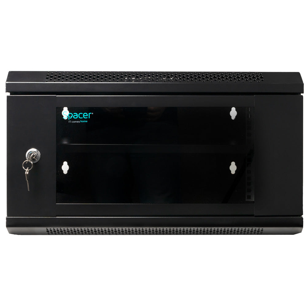 CABINET 19" SPACER 6U 500x400mm, fixare pe perete, Flatpack (dezasamblat), Black, usa sticla cu blocare, panouri detasabile, otel 1mm, sarcina maxima 25Kg, contine un raft, "SPCW-6U-400-BK-02"