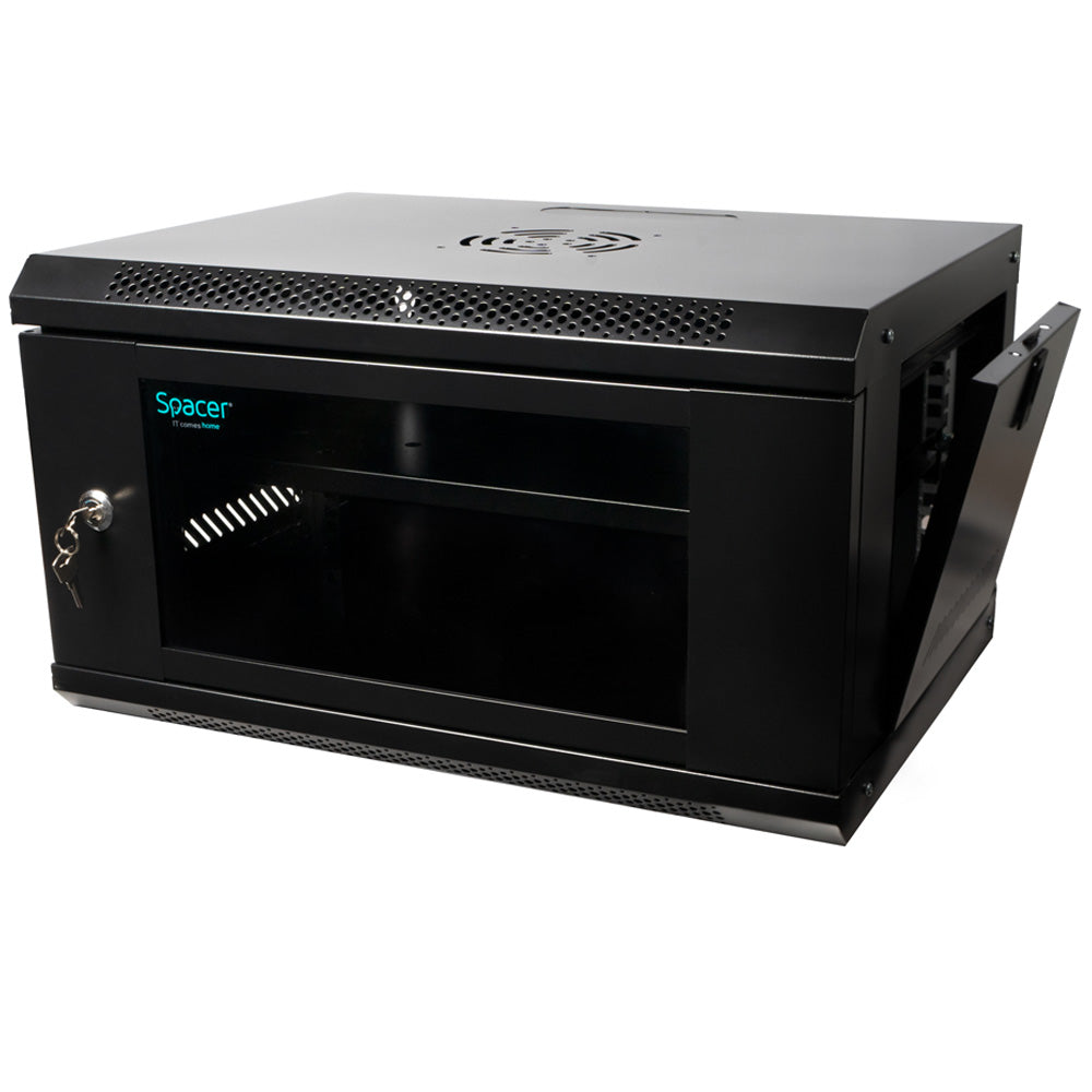 CABINET 19" SPACER 6U 500x400mm, fixare pe perete, Flatpack (dezasamblat), Black, usa sticla cu blocare, panouri detasabile, otel 1mm, sarcina maxima 25Kg, contine un raft, "SPCW-6U-400-BK-02"