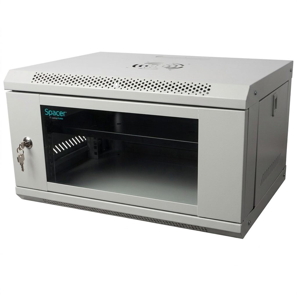 CABINET 19" SPACER 6U 500x450mm, fixare pe perete, Flatpack (dezasamblat), Grey, usa sticla cu blocare, panouri detasabile, otel 1mm, sarcina maxima 25Kg, contine un raft, "SPCW-6U-450-GR-02"