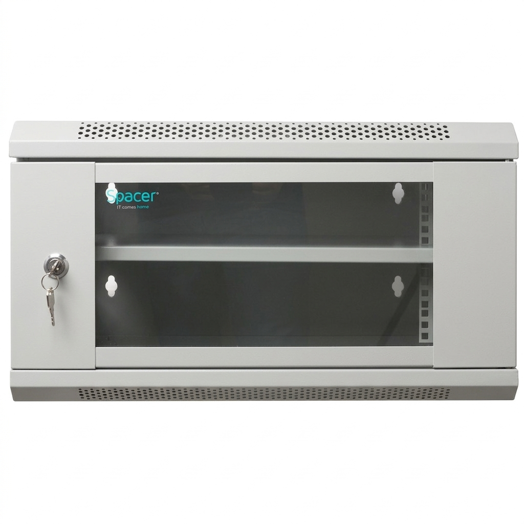 CABINET 19" SPACER 6U 500x400mm, fixare pe perete, Flatpack (dezasamblat), Grey, usa sticla cu blocare, panouri detasabile, otel 1mm, sarcina maxima 25Kg, contine un raft, "SPCW-6U-400-GR-02"