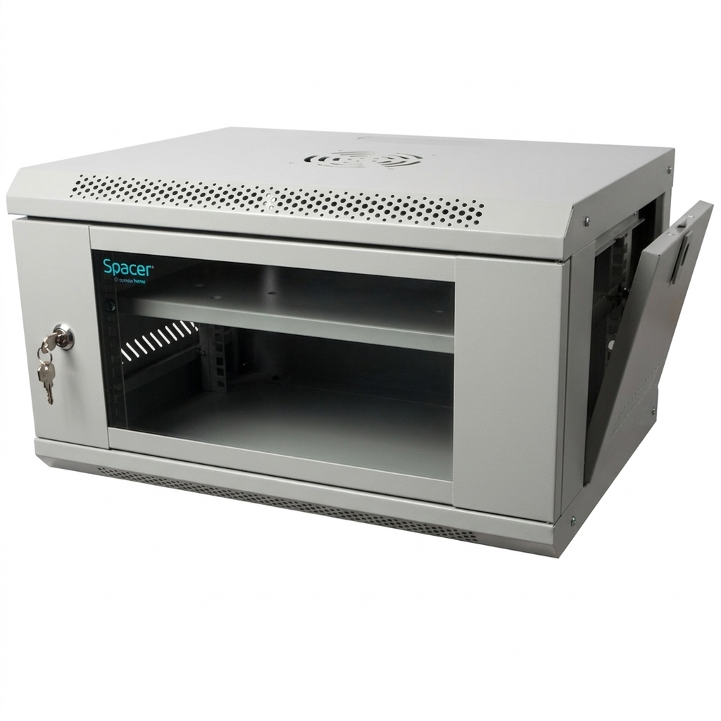 CABINET 19" SPACER 6U 500x400mm, fixare pe perete, Flatpack (dezasamblat), Grey, usa sticla cu blocare, panouri detasabile, otel 1mm, sarcina maxima 25Kg, contine un raft, "SPCW-6U-400-GR-02"