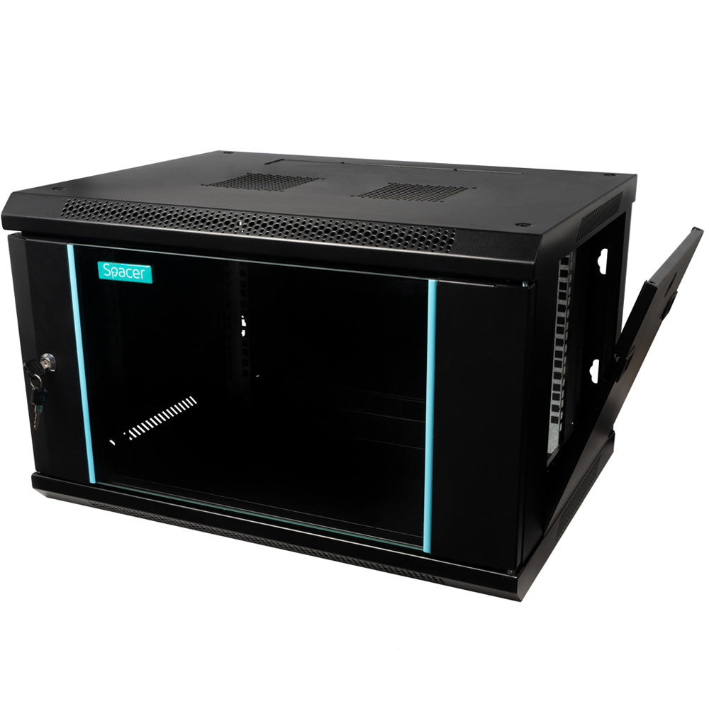 CABINET 19" SPACER 6U 600x450mm, fixare pe perete, Flatpack (dezasamblat), Black, usa sticla cu blocare, panouri detasabile, otel 1.5mm, sarcina maxima 60Kg, "SPCW-6U-450-BK-03"