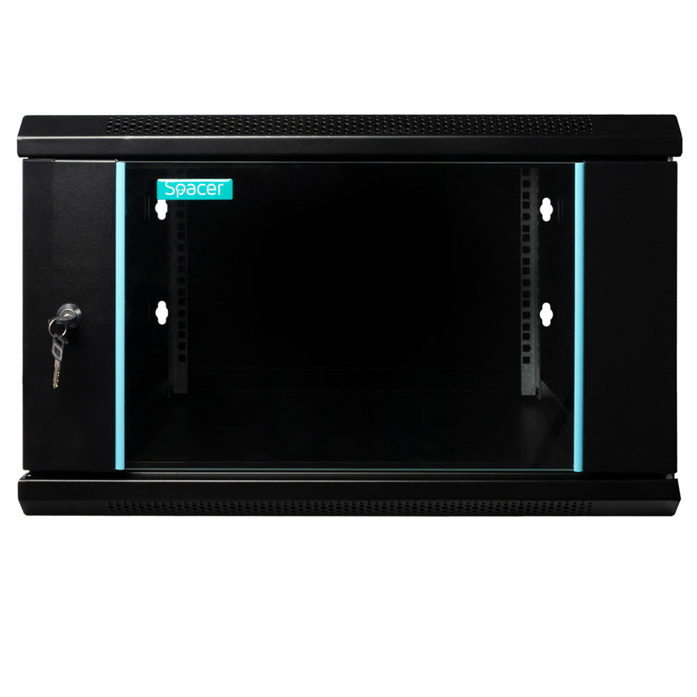CABINET 19" SPACER 6U 600x600mm, fixare pe perete, Flatpack (dezasamblat), Black, usa sticla cu blocare, panouri detasabile, otel 1.5mm, sarcina maxima 60Kg, "SPCW-6U-600-BK-03"