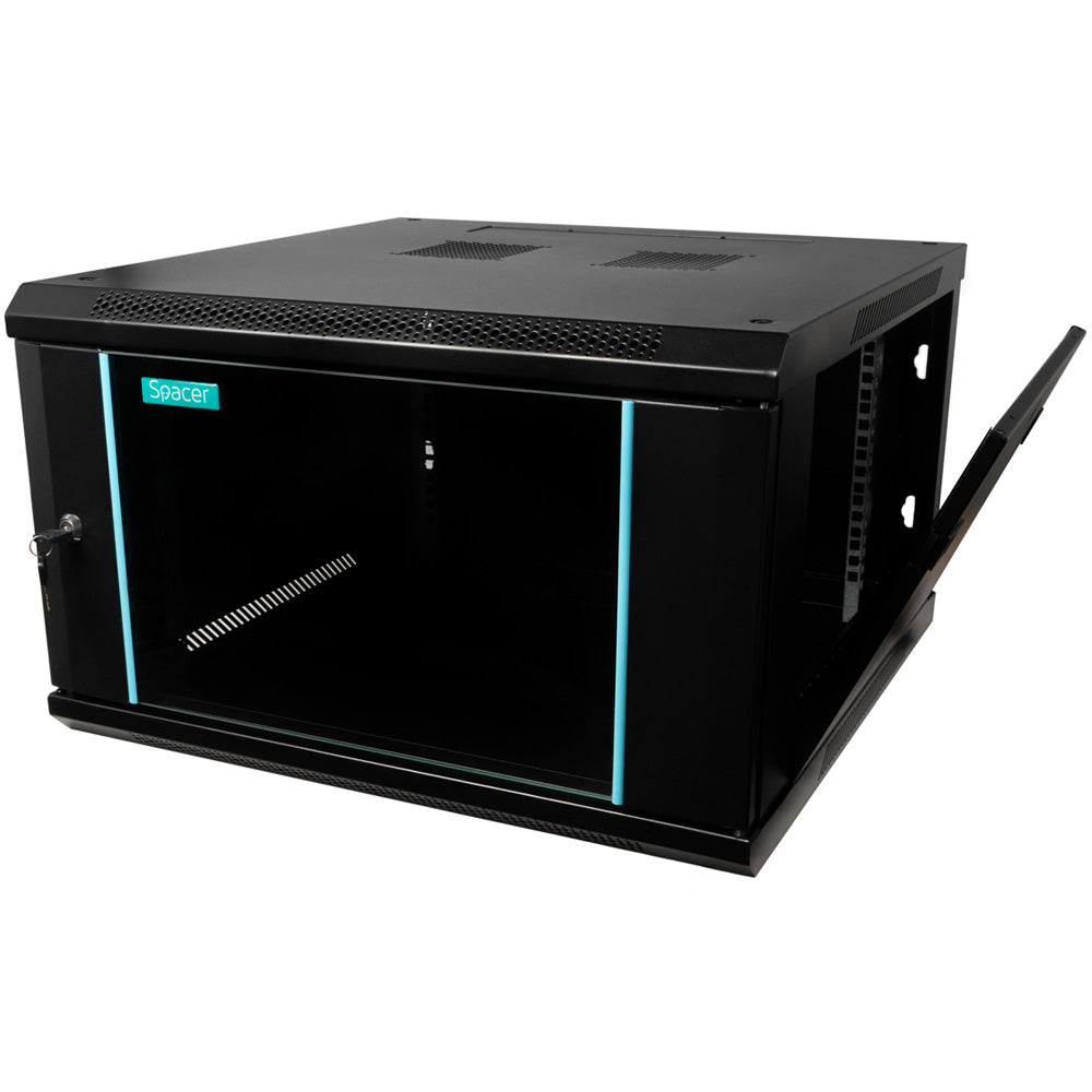 CABINET 19" SPACER 6U 600x600mm, fixare pe perete, Flatpack (dezasamblat), Black, usa sticla cu blocare, panouri detasabile, otel 1.5mm, sarcina maxima 60Kg, "SPCW-6U-600-BK-03"