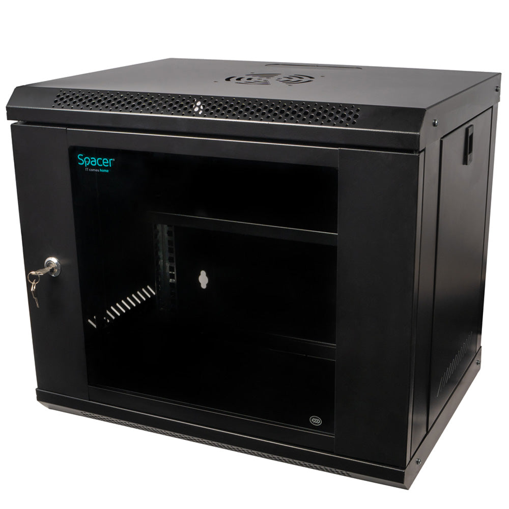 CABINET 19" SPACER 9U 500x400mm, fixare pe perete, Flatpack (dezasamblat), Black, usa sticla cu blocare, panouri detasabile, otel 1mm, sarcina maxima 25Kg, contine un raft, "SPCW-9U-400-BK-02"