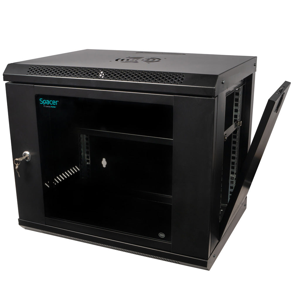 CABINET 19" SPACER 9U 500x400mm, fixare pe perete, Flatpack (dezasamblat), Black, usa sticla cu blocare, panouri detasabile, otel 1mm, sarcina maxima 25Kg, contine un raft, "SPCW-9U-400-BK-02"