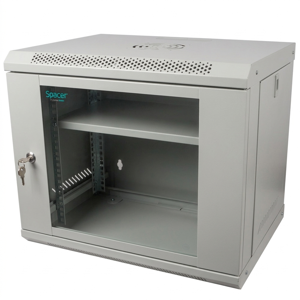 CABINET 19" SPACER 9U 500x450mm, fixare pe perete, Flatpack (dezasamblat), Grey, usa sticla cu blocare, panouri detasabile, otel 1mm, sarcina maxima 25Kg, contine un raft, "SPCW-9U-450-GR-02"