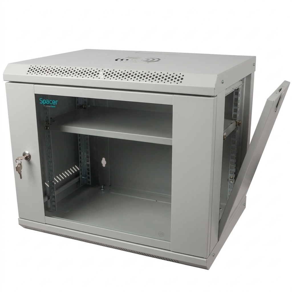 CABINET 19" SPACER 9U 500x450mm, fixare pe perete, Flatpack (dezasamblat), Grey, usa sticla cu blocare, panouri detasabile, otel 1mm, sarcina maxima 25Kg, contine un raft, "SPCW-9U-450-GR-02"