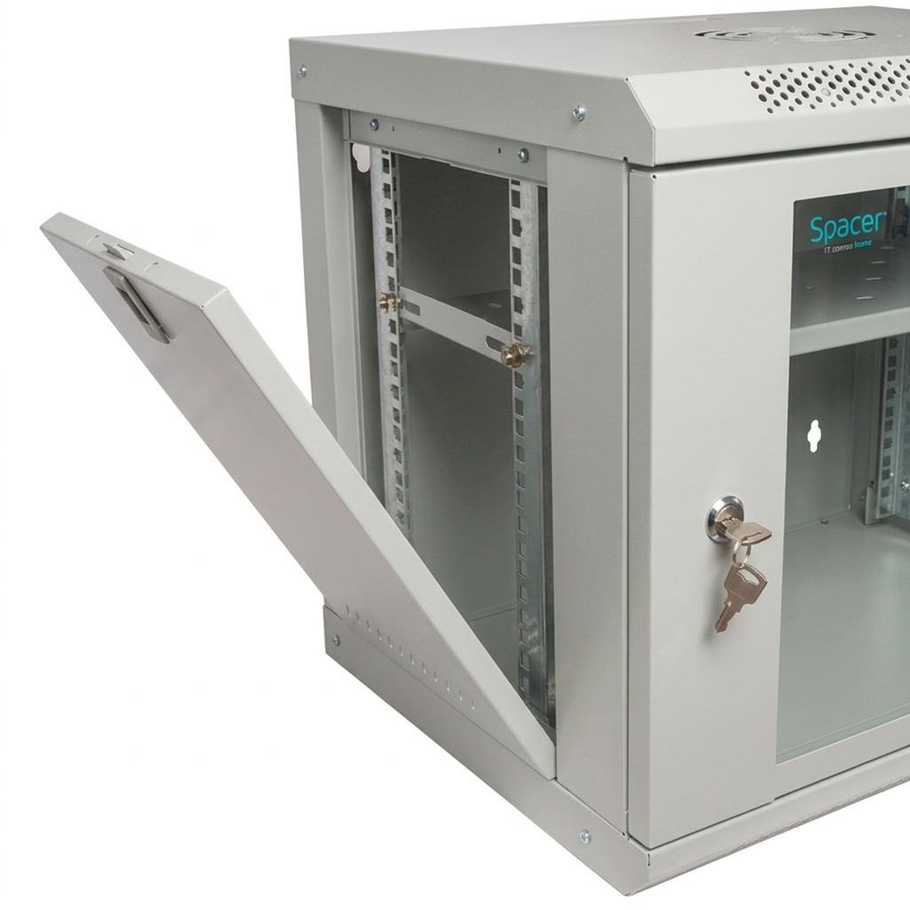 CABINET 19" SPACER 9U 500x450mm, fixare pe perete, Flatpack (dezasamblat), Grey, usa sticla cu blocare, panouri detasabile, otel 1mm, sarcina maxima 25Kg, contine un raft, "SPCW-9U-450-GR-02"