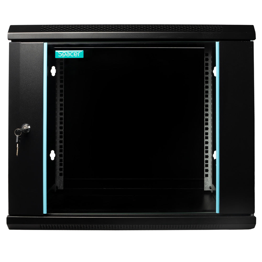 CABINET 19" SPACER 9U 600x450mm, fixare pe perete, Flatpack (dezasamblat), Black, usa sticla cu blocare, panouri detasabile, otel 1.5mm, sarcina maxima 60Kg, "SPCW-9U-450-BK-03"