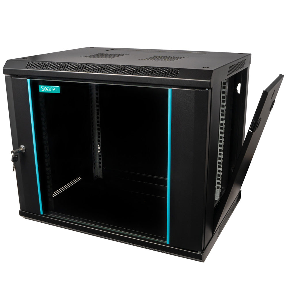 CABINET 19" SPACER 9U 600x450mm, fixare pe perete, Flatpack (dezasamblat), Black, usa sticla cu blocare, panouri detasabile, otel 1.5mm, sarcina maxima 60Kg, "SPCW-9U-450-BK-03"