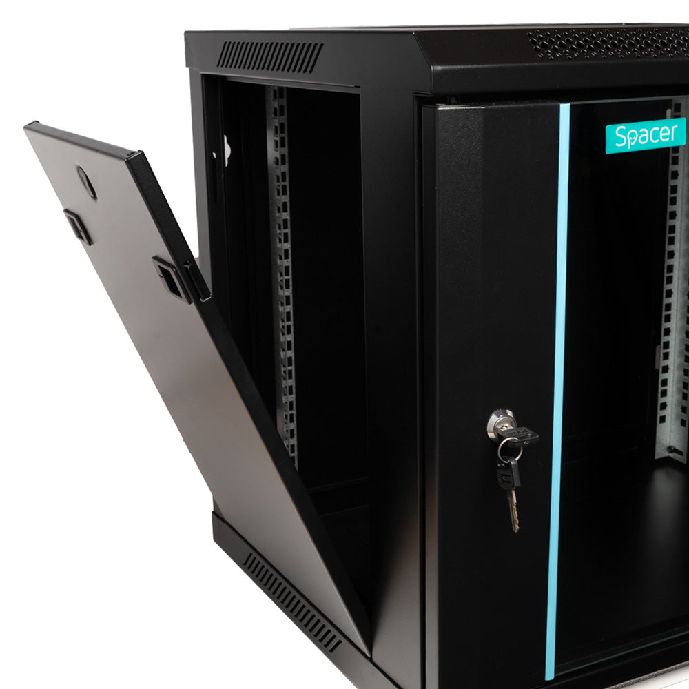 CABINET 19" SPACER 9U 600x450mm, fixare pe perete, Flatpack (dezasamblat), Black, usa sticla cu blocare, panouri detasabile, otel 1.5mm, sarcina maxima 60Kg, "SPCW-9U-450-BK-03"