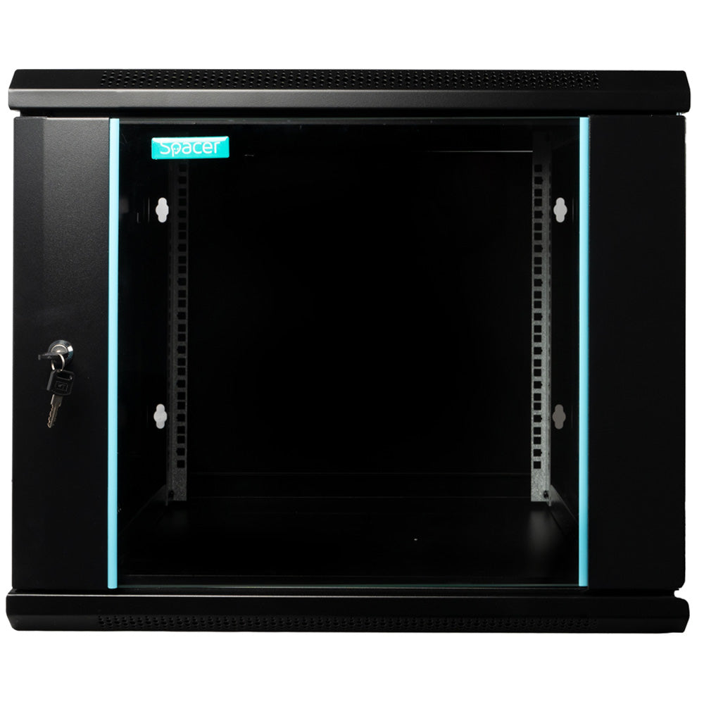 CABINET 19" SPACER 9U 600x600mm, fixare pe perete, Flatpack (dezasamblat), Black, usa sticla cu blocare, panouri detasabile, otel 1.5mm, sarcina maxima 60Kg, "SPCW-9U-600-BK-03"