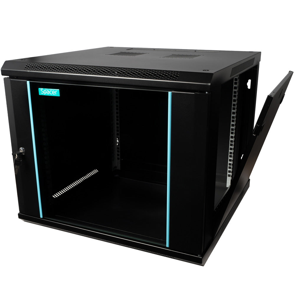CABINET 19" SPACER 9U 600x600mm, fixare pe perete, Flatpack (dezasamblat), Black, usa sticla cu blocare, panouri detasabile, otel 1.5mm, sarcina maxima 60Kg, "SPCW-9U-600-BK-03"