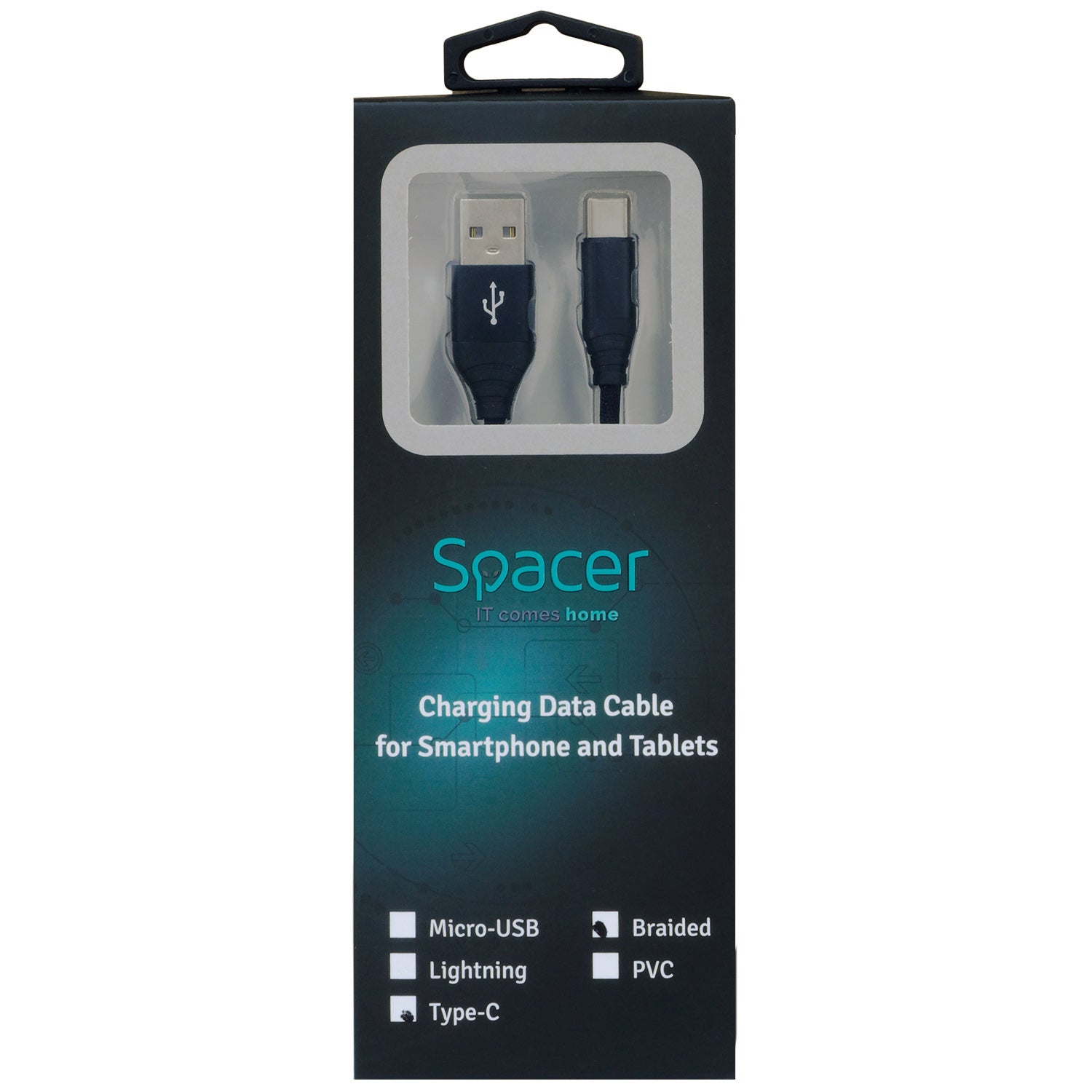 CABLU alimentare si date SPACER, pt. smartphone, USB 3.0 (T) la Type-C (T), Braided,2.1A ,Retail pack, 0.5m, black, "SPDC-TYPEC-BRD-BK-0.5"