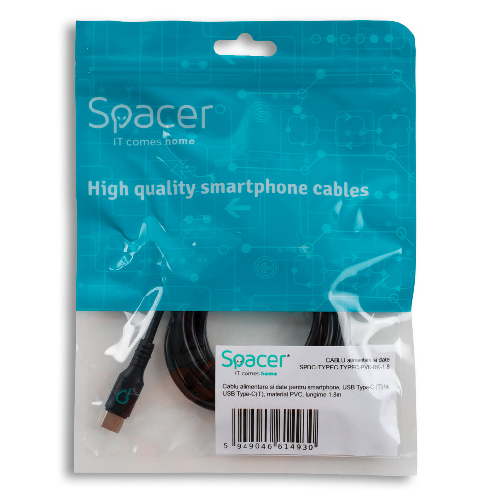 CABLU alimentare si date SPACER, pt. smartphone, USB Type-C (T) la USB Type-C(T), PVC, ambalaj punga, 1.8m, negru "SPDC-TYPEC-TYPEC-PVC-BK-1.8"