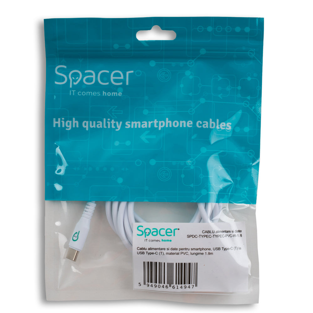 CABLU alimentare si date SPACER, pt. smartphone, USB Type-C (T) la USB Type-C(T), PVC, ambalaj punga, 1.8m, alb "SPDC-TYPEC-TYPEC-PVC-W-1.8"