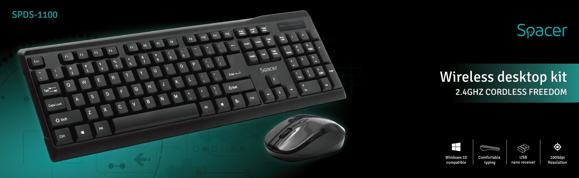 KIT wireless SPACER, tastatura wireless + mouse wireless, black, "SPDS-1100"