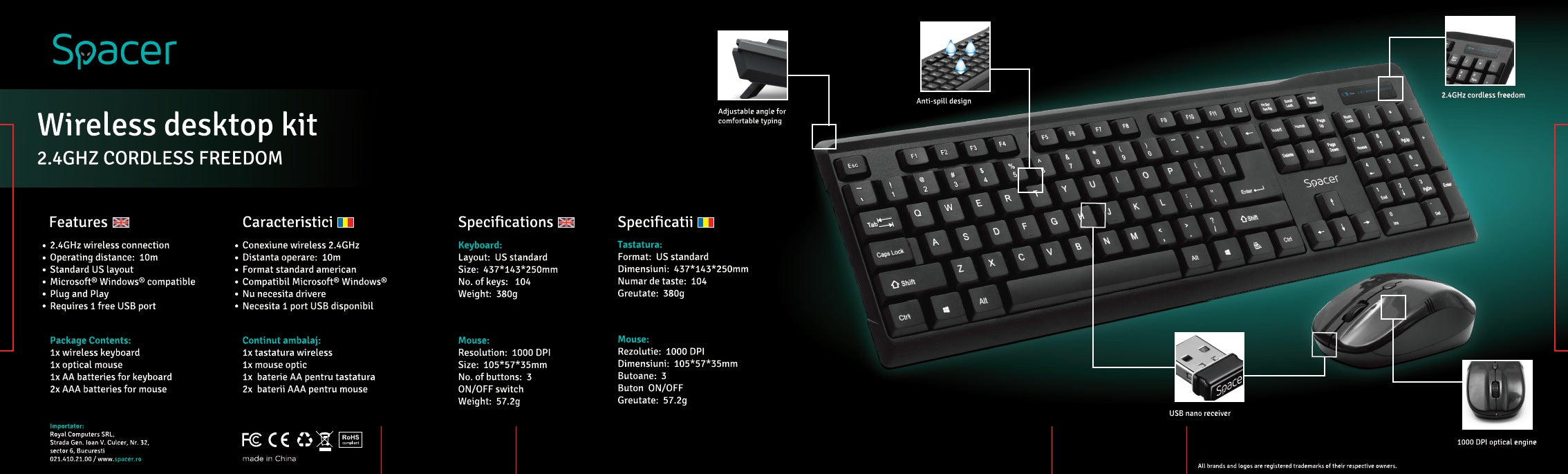 KIT wireless SPACER, tastatura wireless + mouse wireless, black, "SPDS-1100"