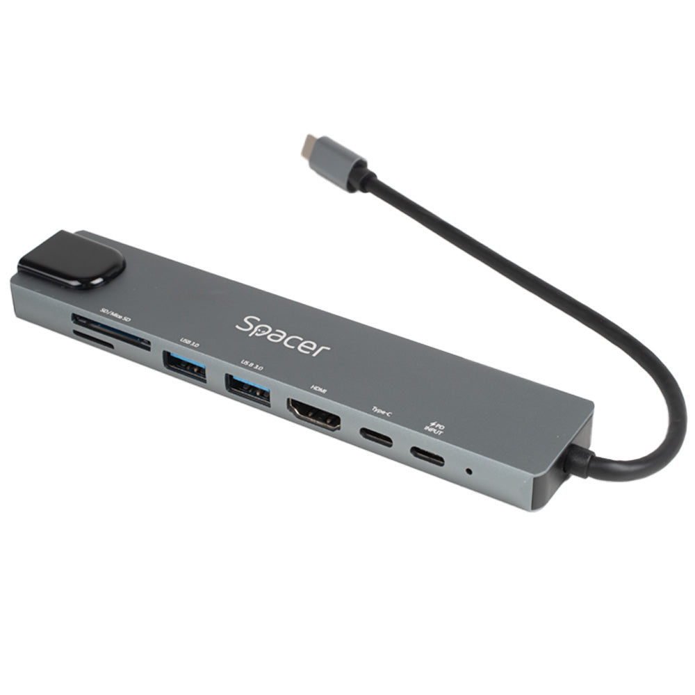 DOCKING Station Spacer universal 8 in 1, conectare Type-C, USB 3.0 x 2|USB Type C x 1|PD 100W x 1|HDMI x 1 4K (30Hz)|RJ-45 (1000Mb/s)| SD Cardx1| TF (MicroSD)x1, Gri, Aluminiu, "SPDS-TypeC-CHUPSG-8in1"