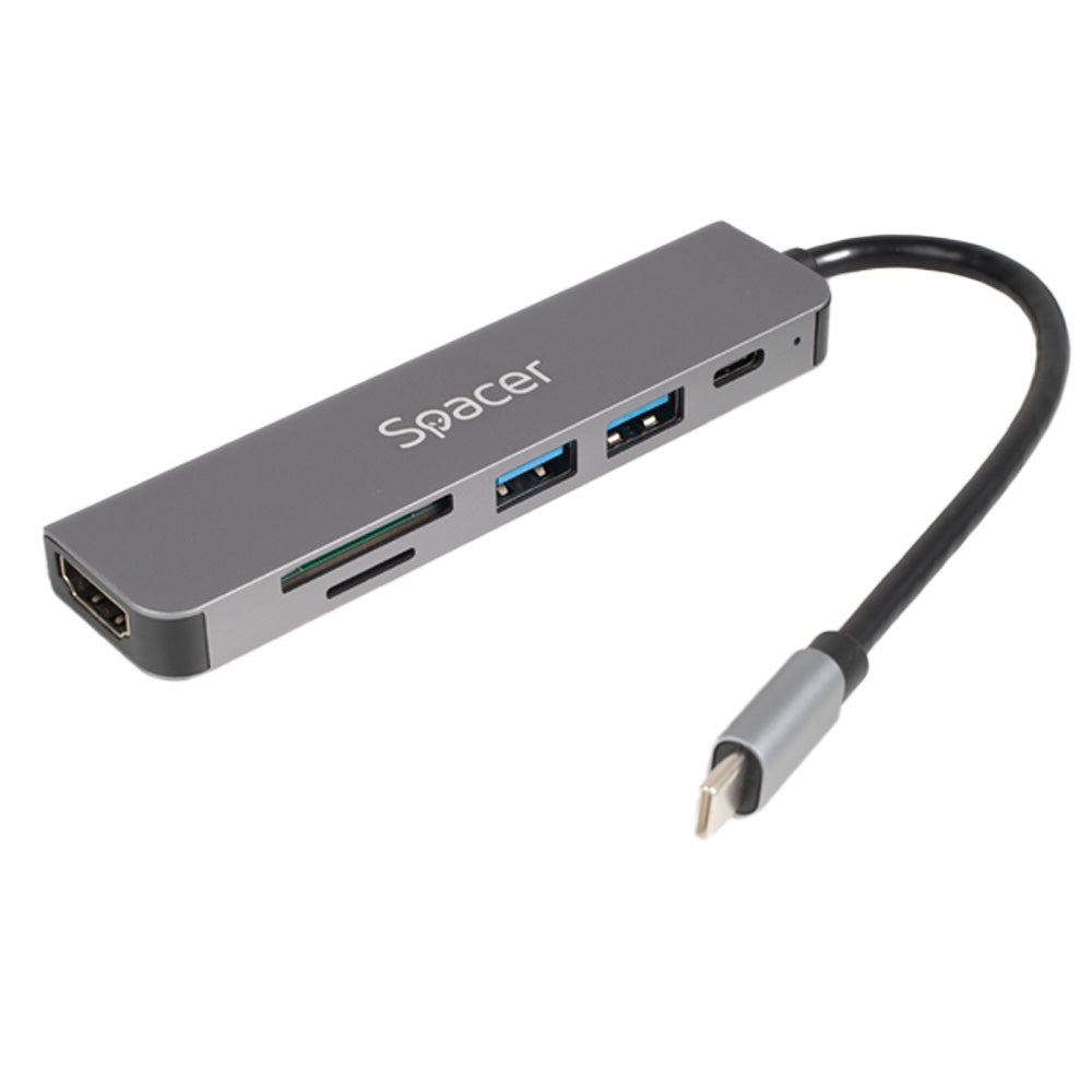 DOCKING Station Spacer universal 8 in 1, conectare Type-C, USB 3.0 x 2|USB Type C x 1|PD 100W x 1|HDMI x 1 4K (30Hz)|RJ-45 (1000Mb/s)| SD Cardx1| TF (MicroSD)x1, Gri, Aluminiu, "SPDS-TypeC-CHUPSG-8in1"