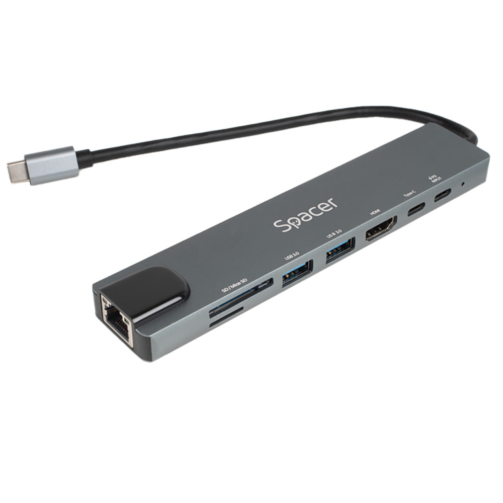 DOCKING Station Spacer universal 8 in 1, conectare Type-C, USB 3.0 x 2|USB Type C x 1|PD 100W x 1|HDMI x 1 4K (30Hz)|RJ-45 (1000Mb/s)| SD Cardx1| TF (MicroSD)x1, Gri, Aluminiu, "SPDS-TypeC-CHUPSG-8in1"