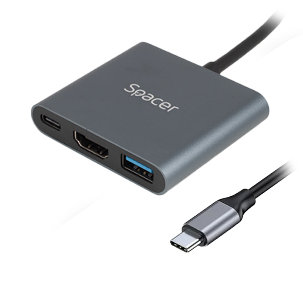 DOCKING Station Spacer universal 3 in 1, conectare Type-C USB 3.1, USB 3.0 x 1, porturi video HDMI x 1, 4K (30Hz), PD 87W, aluminiu, Gri, 45507058 "SPDS-TypeC-HUP-3in1"