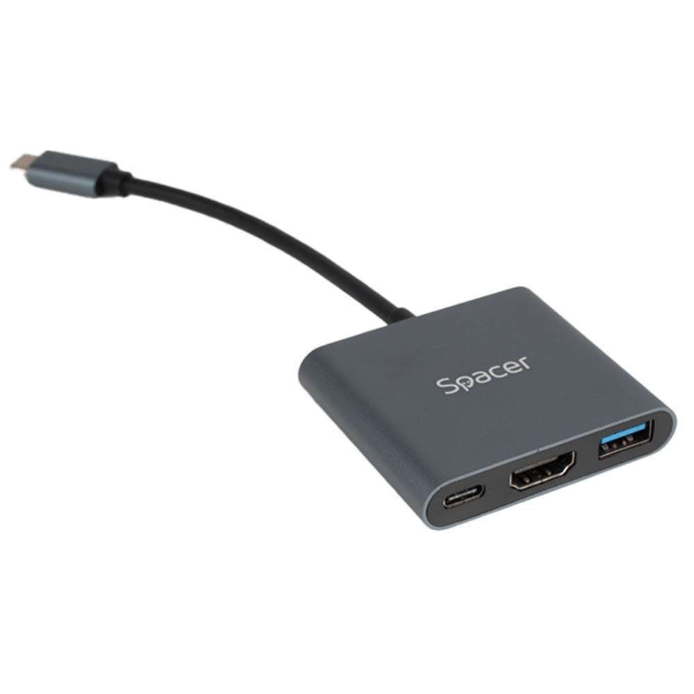 DOCKING Station Spacer universal 3 in 1, conectare Type-C USB 3.1, USB 3.0 x 1, porturi video HDMI x 1, 4K (30Hz), PD 87W, aluminiu, Gri, 45507058 "SPDS-TypeC-HUP-3in1"