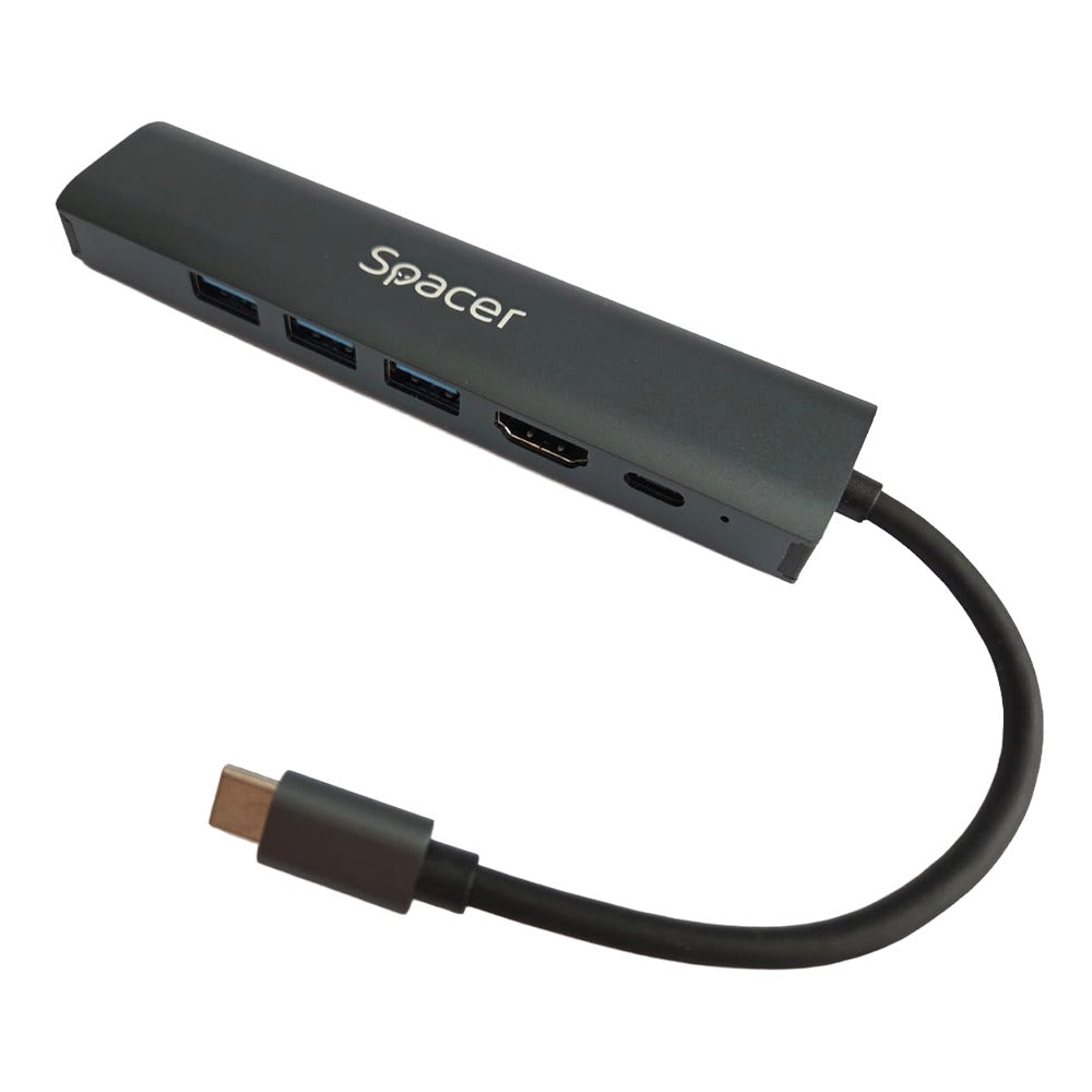 DOCKING Station Spacer universal 6 in 1, conectare Type-C, USB 3.0 x 3 |PD 3.0 x 1 (100W), 1x HDMI 4K (30Hz), 1xRJ45 Gigabit, gri, Aluminiu, "SPDS-TypeC-HUPG-6in1-04"