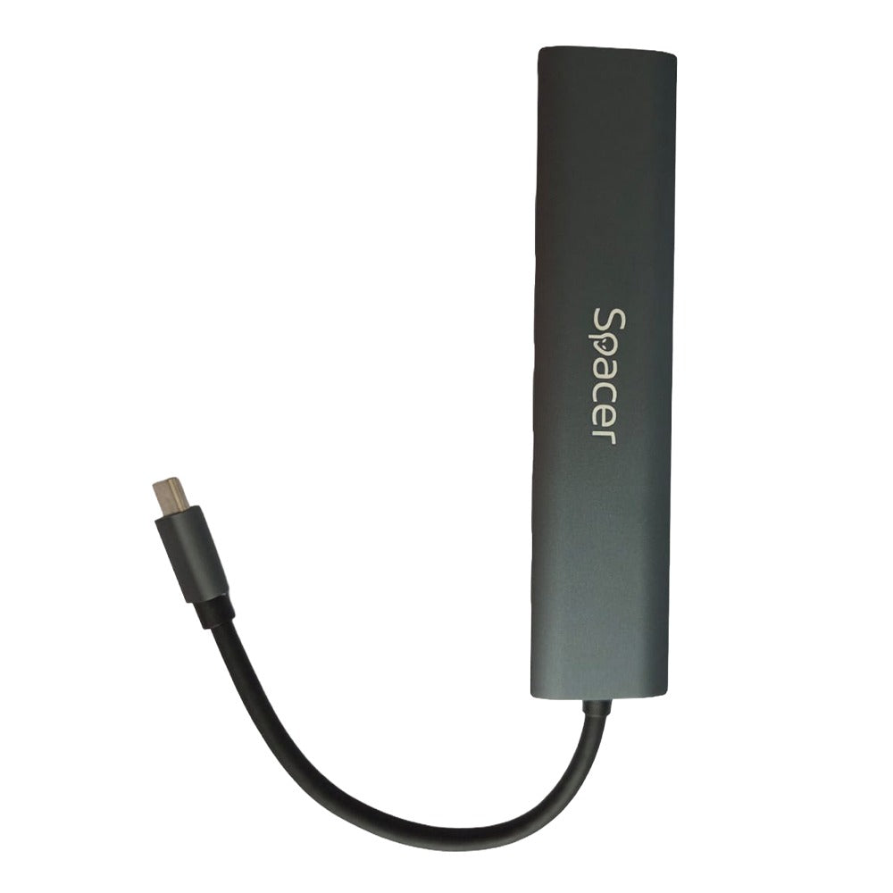 DOCKING Station Spacer universal 6 in 1, conectare Type-C, USB 3.0 x 3 |PD 3.0 x 1 (100W), 1x HDMI 4K (30Hz), 1xRJ45 Gigabit, gri, Aluminiu, "SPDS-TypeC-HUPG-6in1-04"