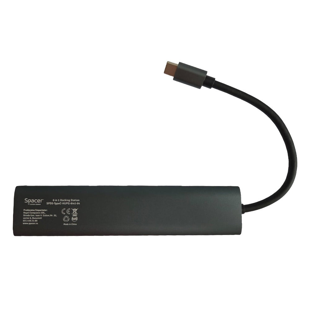 DOCKING Station Spacer universal 6 in 1, conectare Type-C, USB 3.0 x 3 |PD 3.0 x 1 (100W), 1x HDMI 4K (30Hz), 1xRJ45 Gigabit, gri, Aluminiu, "SPDS-TypeC-HUPG-6in1-04"