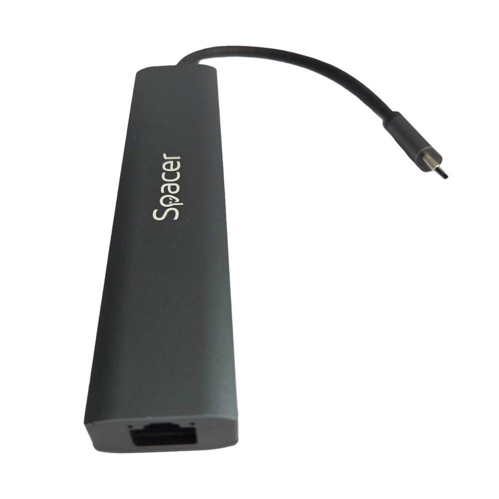 DOCKING Station Spacer universal 6 in 1, conectare Type-C, USB 3.0 x 3 |PD 3.0 x 1 (100W), 1x HDMI 4K (30Hz), 1xRJ45 Gigabit, gri, Aluminiu, "SPDS-TypeC-HUPG-6in1-04"