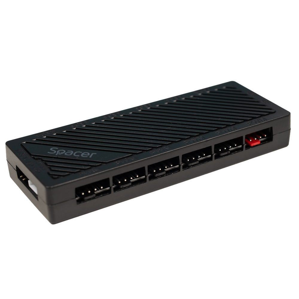 FAN HUB SPACER pt. maxim 6 ventilatoare ARGB, telecomanda pt. setat iluminarea RGB, sincronizare cu MB, alimentare 4-pin/ &nbsp;culori 3-pin, magnetic, black, "SPFC-ARGB-BK-6F "