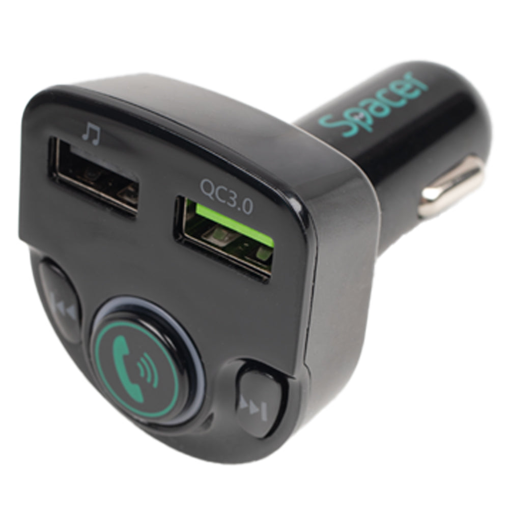 MODULATOR AUTO FM SPACER, Bluetooth 5.0. 1xUSB QC3.0 &amp; 1xUSB max. 5V/3.1A, 12V-24V, max. 10-15m, mic max. 0-2m, format MP3/WMA, 206 canale 87.5-108Mhz, USB disk, microSD, answer/reject/hang up/redial, black, "SPFM-01-QC"