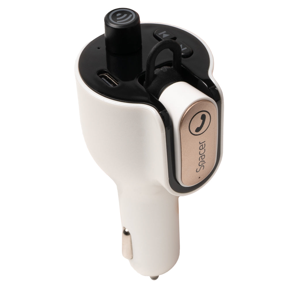 MODULATOR AUTO FM SPACER cu casca Bluetooth 5.0, 1xUSB QC3.0 + Type-C; 1xUSB max. 5V/3.1A, earphone 30mAh, 12V-24V, max. 10-15m, mic max. 0-2m, format MP3/WMA, 206 canale 87.5-108Mhz, USB disk, white, "SPFM-HS1-QC"