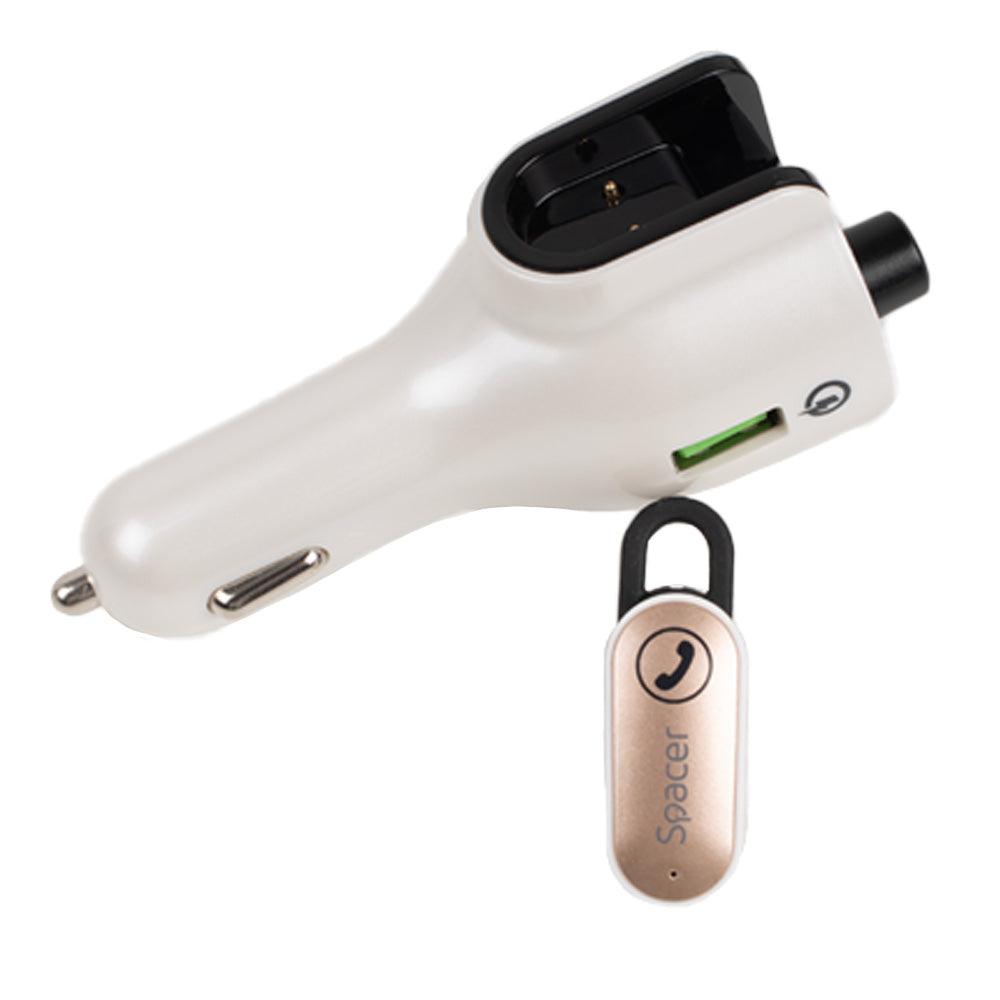 MODULATOR AUTO FM SPACER cu casca Bluetooth 5.0, 1xUSB QC3.0 + Type-C; 1xUSB max. 5V/3.1A, earphone 30mAh, 12V-24V, max. 10-15m, mic max. 0-2m, format MP3/WMA, 206 canale 87.5-108Mhz, USB disk, white, "SPFM-HS1-QC"