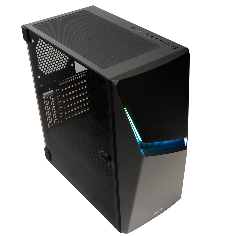 CARCASA SPACER - gaming, Middle Tower, ATX, "THUNDER", fara sursa, usa sticla securizata (balama), banda LED RGB, USB 2.0 x 2, USB 3.0 x 1, HD-Audio Jack 3.5mm x 2, mesh , "SPGC-THUNDER"