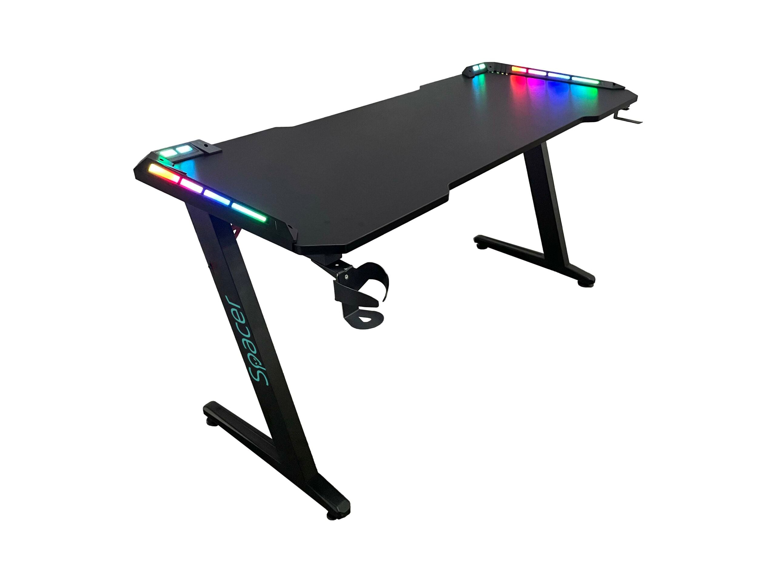 BIROU GAMING Spacer, dimensiuni 1400 x 600 x 18 mm, blat MDF invelit in fibra de carbon, suport casti, suport cana/pahar, picioare reglabile manual, RGB, telecomanda wireless 46501472 "SPGD-RGB-140-01"