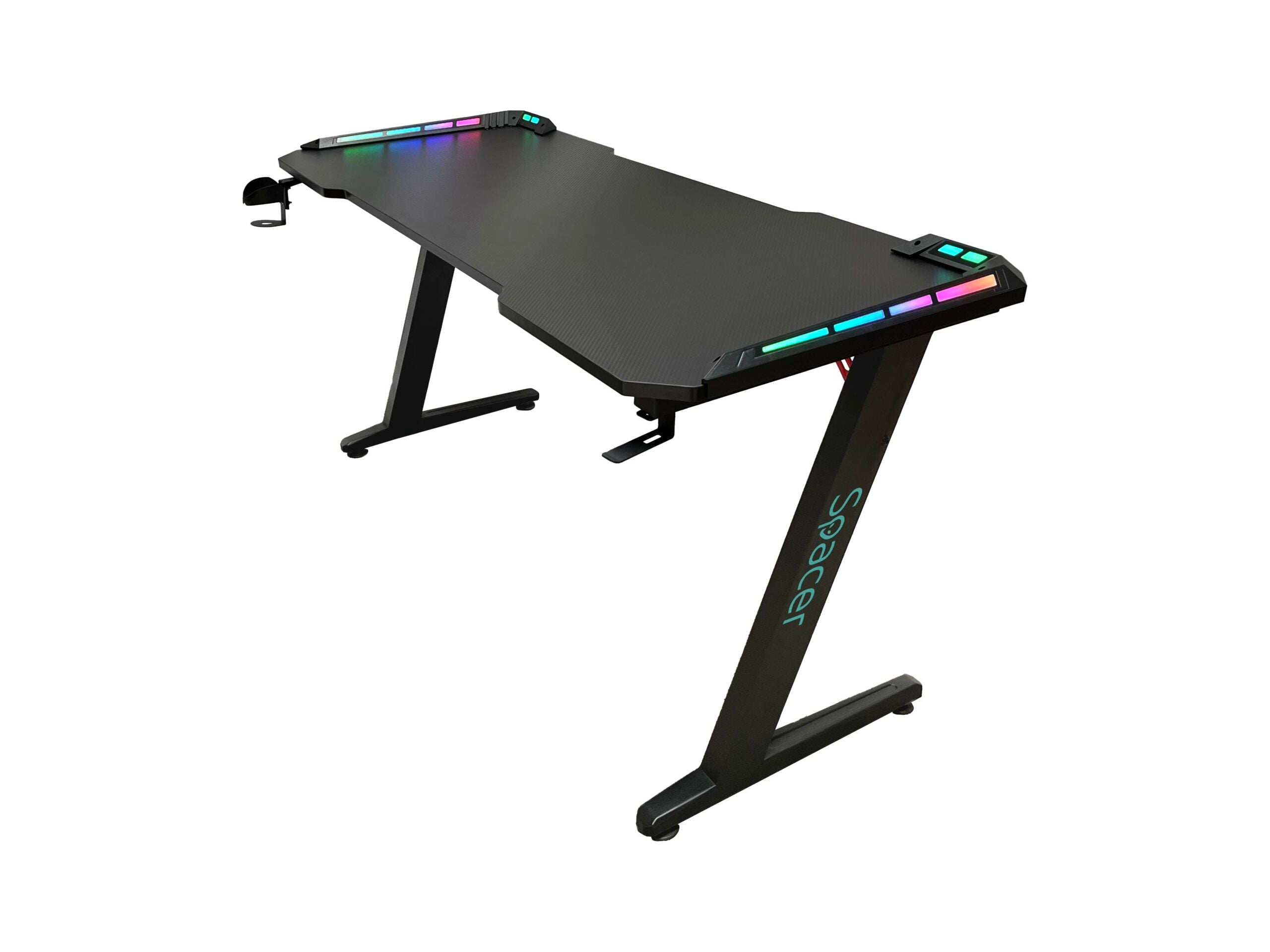 BIROU GAMING Spacer, dimensiuni 1400 x 600 x 18 mm, blat MDF invelit in fibra de carbon, suport casti, suport cana/pahar, picioare reglabile manual, RGB, telecomanda wireless 46501472 "SPGD-RGB-140-01"