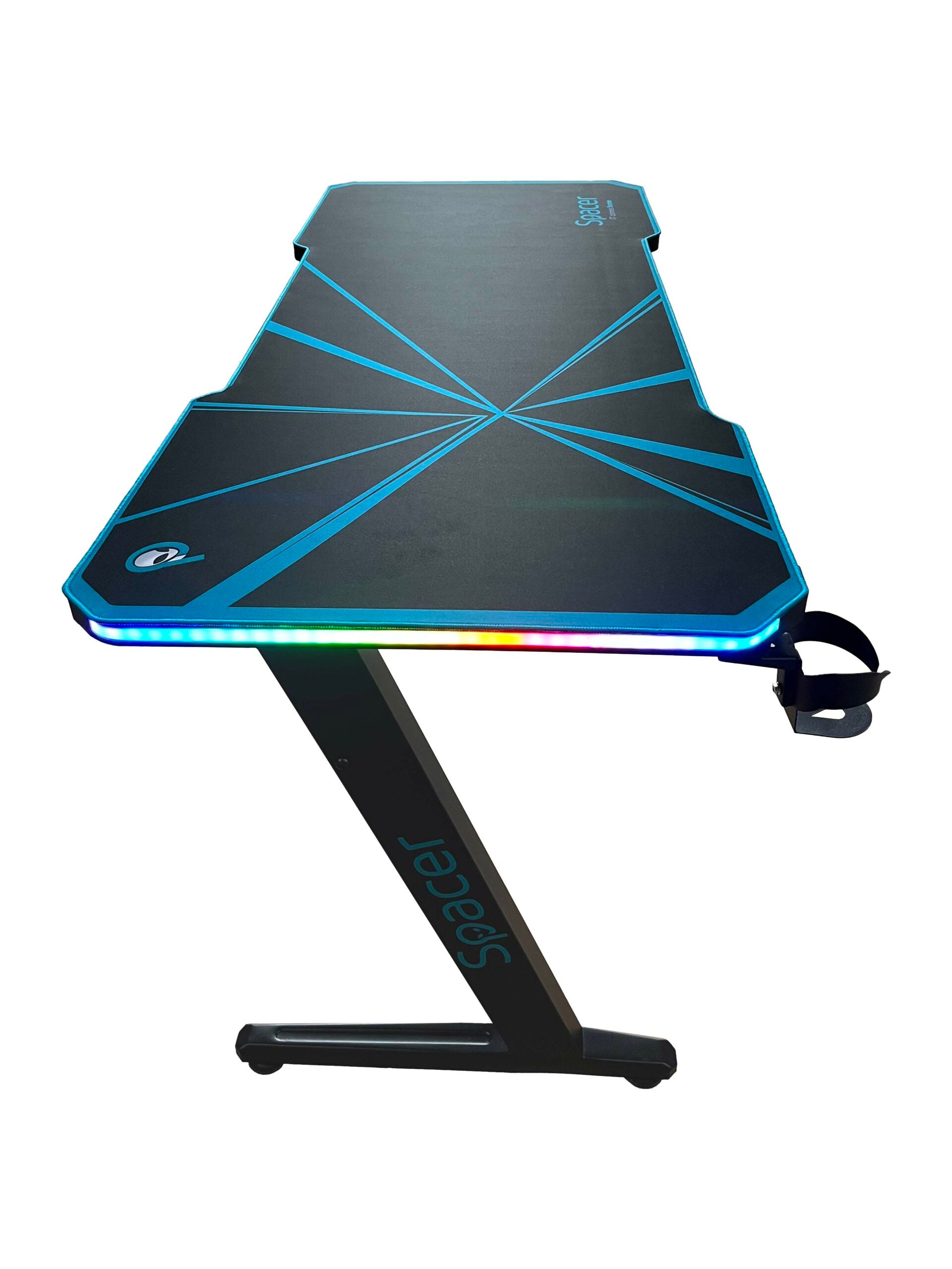 BIROU GAMING Spacer, dimensiuni 1400 x 600 x 18 mm, blat MDF invelit in fibra de carbon cu mousepad pe toata suprafata, suport casti si cana metalice, picioare reglabile manual, RGB, telecomanda wireless "SPGD-RGB-140-02"
