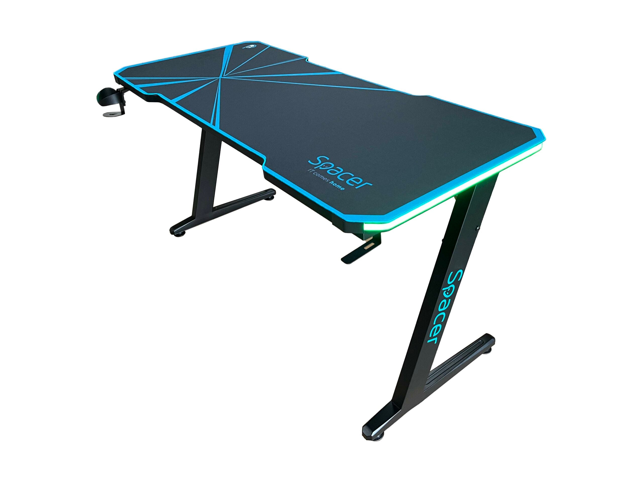 BIROU GAMING Spacer, dimensiuni 1400 x 600 x 18 mm, blat MDF invelit in fibra de carbon cu mousepad pe toata suprafata, suport casti si cana metalice, picioare reglabile manual, RGB, telecomanda wireless "SPGD-RGB-140-02"