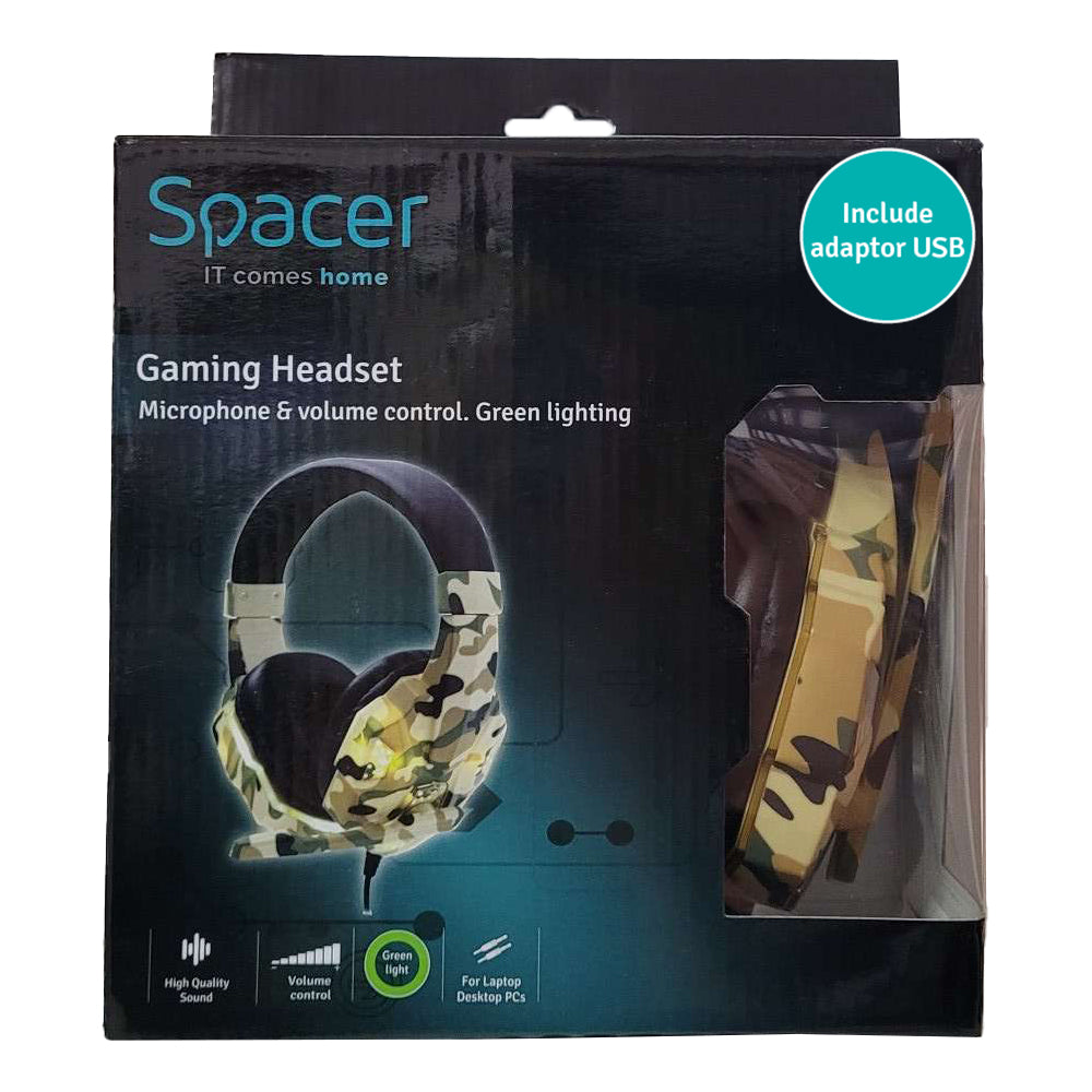 CASTI Spacer, cu fir, standard, utilizare gaming, microfon pe brat, conectare prin adaptor USB 2.0 sau Jack 3.5 mm x 2, lumina verde, camuflaj, "SPGH-CAMO-USB", (timbru verde 0.8 lei)