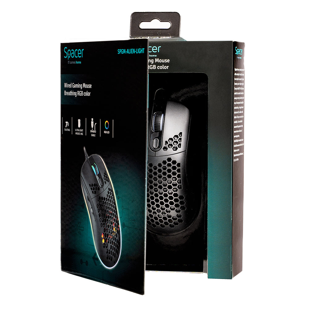 MOUSE Spacer - gaming, gaming, cu fir, USB, optic, 6.400 dpi, butoane/scroll 7/1, iluminare RGB, negru, "SPGM-ALIEN-LIGHT"