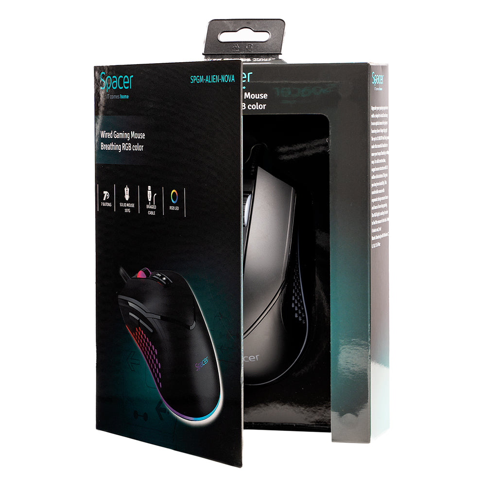 MOUSE Spacer - gaming, gaming, cu fir, USB, optic, 12.000 dpi, butoane/scroll 7/1, iluminare RGB, negru, "SPGM-ALIEN-NOVA"