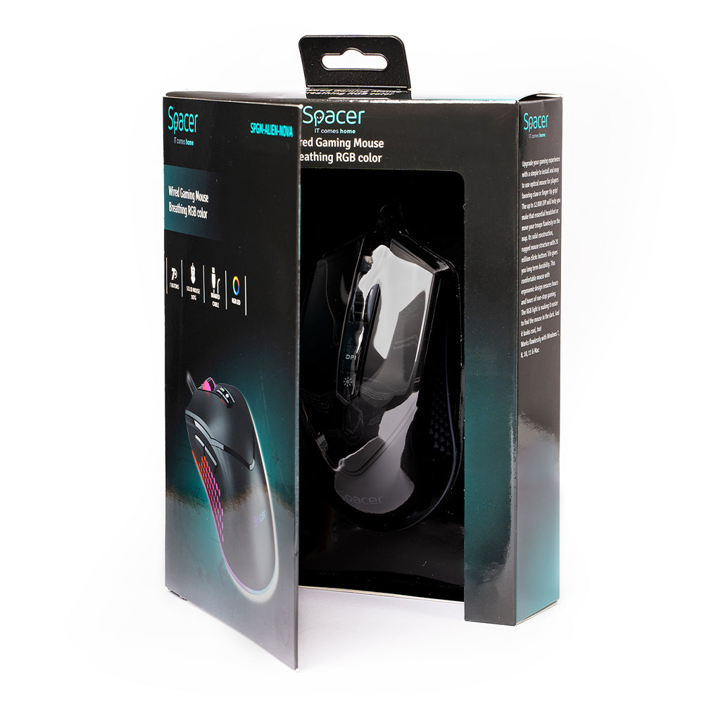 MOUSE Spacer - gaming, gaming, cu fir, USB, optic, 12.000 dpi, butoane/scroll 7/1, iluminare RGB, negru, "SPGM-ALIEN-NOVA"